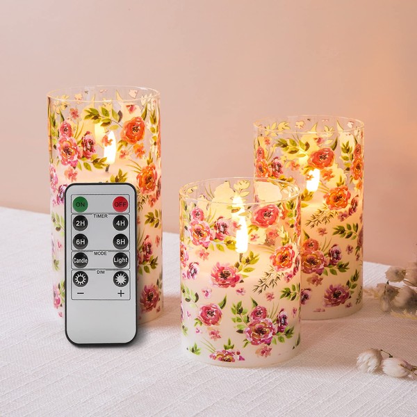Eywamage Eywamage Floral Glass Flameless Candles with Remote, Flickering Battery