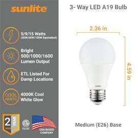 Sunlite 70324 3-Way LED A19 Light Bulb, 5/9/15 Watts (40W 60W 100W Equivalent), 500-1000-1600 Lumens, Medium E26 Base, Omni-Directional, ETL Listed, Frost, 4000K Cool White, 1 Count