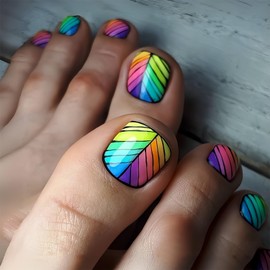 Rainbow Stripe Press on Toenails Short Square False Toenails Glossy Colorful Design Toe Nails Reusable Full Cover Toe Nails for Women