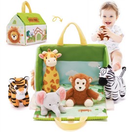 OUOZZZ Baby Plush Toys from 1 2 3 Years, Zoo Toys with Cuddly Toys Small Giraffes, Elephants, Zebras, Tigers, Orangutans and Zoo House - Baby Gifts for Birth Girl Boy