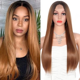 26" Long Straight Synthetic Edge Lace Front Wig for Woman ombre auburn brown Middle Parted with Dark Roots Natural Looking Women' s Frontal Lace Hair Wigs