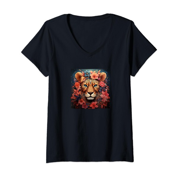 Womens Leopard With Flowers Around Boho Style Graphic V-Neck T-Shirt