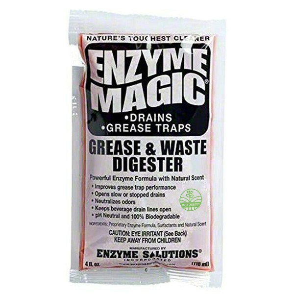 Enzyme Magic Grease & Waste Digester Cleans Slow/Clogged Drains, Urinals, Commodes, Beverage Towers, Grease Traps; Enzyme Formula Destroys Waste, Fat, Oil, Grease; Neutralizes Odors (4 Oz x 32-Pack)