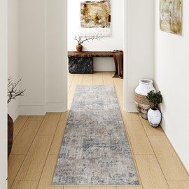 PureCozy Machine Washable Runner Rug 2x6 Blue Brown Hallway Area Rug Indoor Accent Rug Modern Abstract Low Pile Carpet Distressed Throw Rug Living Room Bedroom Office Dining Room Kitchen Non Slip
