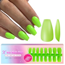 SXVME Soft Gel Nail Tips Medium Coffin Gel X Nails, 300Pcs Pre-applied Tip Primer Gel X Nail Tips, Natural Neon Green Colored Gel Tips Acrylic Fake Nails Extensions False Nails Press ons for Easy DIY