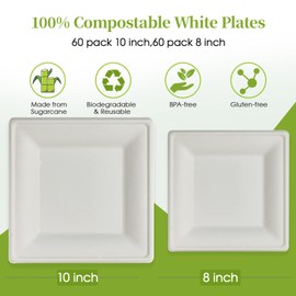 ECOLipak 120 Pack Compostable Paper Plates - 10 & 8 inch Heavy Duty Disposable Square, Eco friendly Sugarcane Biodegradable Plates for Party, Dinner, Birthday | ECOLipak