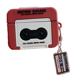 SCQYCWA Headphone Case for Airpods 4th Generation,Cute Cartoon 3D Creative Retro Tape Recorder Design,for AirPods 4 ​with Keychain (Red)