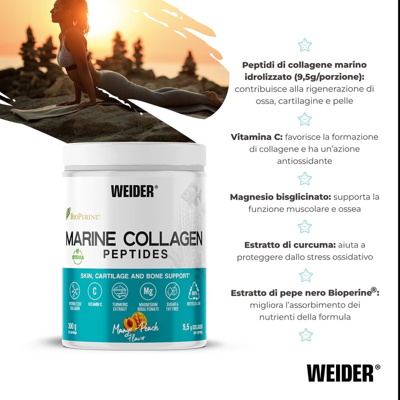 Weider Marine Collagen (300g) Mango e Pesca, 9,5g di Collagene/porzione