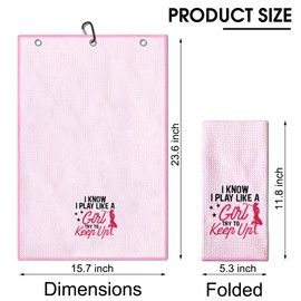TOUNER I Know I Play Like A Girl Try to Keep Up Embroidered Golf Towels for Golf Bags with Clip, Funny Pink Golf Towel Gifts for Sister, Retirement Gifts for Women Golfer, Mother's Day Birthday Gifts