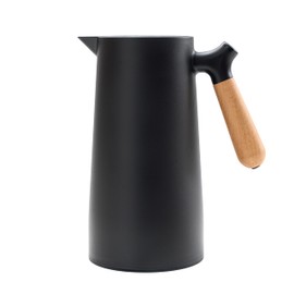 KVOTA Thermos 1 Litre Thermos Flask with Glass Flask, Colour Black, Wooden Handle, Lid with 1-Click Opening