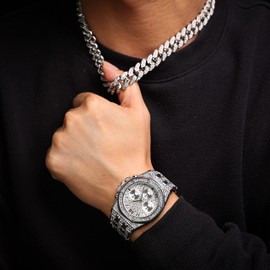 Halukakah Diamond Gold Watch, Men's 18K Real Gold-Plated/Platinum White Gold-Plated 40 mm Wide Roman Numerals Dial Quartz Bracelet 22 cm with Cuban Link Chain 20 + 45 cm Necklace Bracelet with Gift