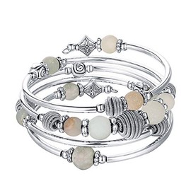 Silver Wrap Bracelet with Natural Stone Beads Boho Multilayer Women's Bracelets Birthday Fashion Gift for Women, Silver Copper Metal,