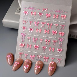 Bow Nail Art Stickers Pink Nail Stickers for Nail Art Design 5D Embossed Nail Art Decals elf Adhesive Rhinestone Nail Decals Manicure Supplies Charm for Women Christmas Nail Art Decorations