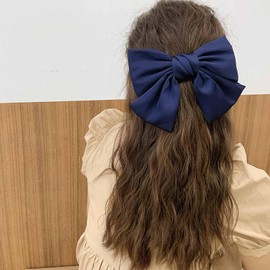 Xduargs Vintage Bow Hair Clips Large Satin Bow Hair Clip Barrettes Silk Hair Clip Barrette Big Bowknot Hairclip Satin Ribbion Bowknot Clip Headpiece Accessory for Women Headdress(Blue)