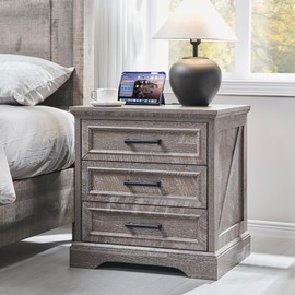 ACCOHOHO Farmhouse Nightstand with Charging Station, 24 Inch Wide End Table with 3 Large Drawers & Bar Handles, Rustic Wood Small Dresser Chest of Drawers for Bedroom, Living Room, Closet, Grey