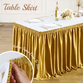 9ft Length Glitter Dark Gold Table Skirt Rectangle Tables, Wrinkle Free Pleated Ruffle Table Cloth Desk Skirting for Teacher Classroon Office Weddings Birthday Party Banquet Decorations