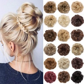 S-noilite Hair Bun Extensions Messy Wavy Curly Dish Donut Scrunchie Hairpiece Accessories Chignons Updo Ponytail Pony Tail Synthetic Hair Extension for Women Girl -1 Piece 40G Sandy Brown & Bleach Blonde
