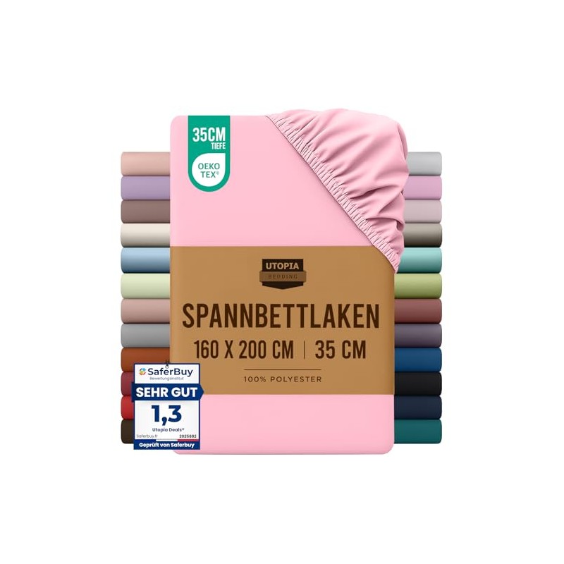 Utopia Bedding, Fitted Sheet, 160 x 200 cm, Pink, Oeko-Tex