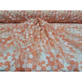 Divas Textiles Fabric By The Yard Coral Lace 3d Embroidery Floral Flowers Sequin On Mesh Prom