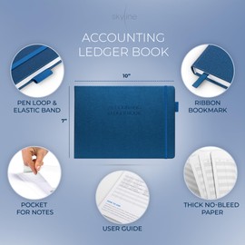Skyline Accounting Ledger Book – Columnar Log Journal for Personal & Small Business Bookkeeping – Money Expense Log, Hardcover 10x7” (Mystic Blue)