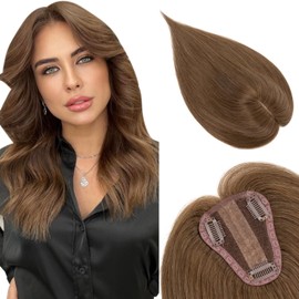 S-noilite Real Human Hair Toppers Meduim Brown for Women with Thinning Hair 3.2x4 inch Lace Silk Base Clip in Toppers Hair Piece (14 Inch,Meduim Brown)
