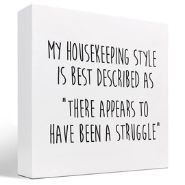 z-crange My Housekeeping Style is Best Described Wood Box Sign Decor Desk Sign,Funny Saying Box Block Sign for Farmhouse Home Shelf Table Decor Decorations