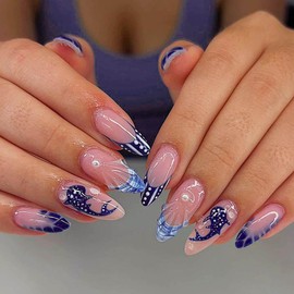 Gleamrain Cute Fall Press on Nails Medium Almond Press Ons with Whale Shark Desgins 3d Pink and Blue Fake Nails for Women and Girls Parties 24pcs