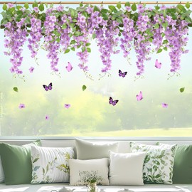 Purple Flower Window Clings Hanging Vine Flower Window Stickers 2 Sheets Double-Sided Garden Spring Summer Window Stickers Floral Leaves Vine Grass Decals Home Decor (11.8 * 35.4inch)