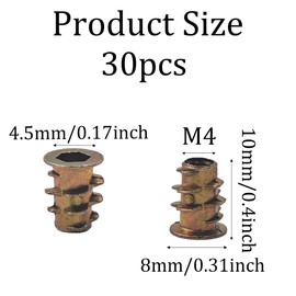Runseaway 30Pcs M4 x 10mm Zinc Alloy Threaded Insert Nuts, Hex Socket Drive, Internal Thread Connector, Wood Furniture Fastener Kit for Cabinets, Shelves, DIY Woodworking Projects