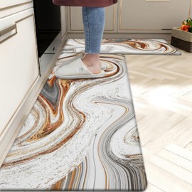 tubeamin Kitchen Mats for Floor Anti Fatigue Floor Marble Cushioned Memory Foam Non Slip PVC Leather Padded Comfort Standing Rugs Set of 2, 17.3x28+17.3x59 Inch, 0.4 Inch Thick