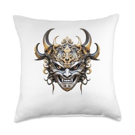 Scary Golden Yokai Oni Mask Japanese Anime Warrior Throw Pillow