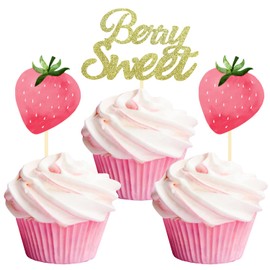 24 Pcs Strawberry Cupcake Topper Glitter Berry Sweet Cupcake Topper for Berry Rush Strawberry Theme Kids Birthday Frutti Party Baby Shower Wedding Bridal Shower Supplies (Berry Sweet Pink)