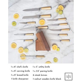 Gold Knife Set with Walnut Block – 13-Piece Full Tang Stainless Steel Kitchen Knives – Durable Gold Kitchen Accessories for Cooking and Food Prep