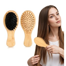 Mini Boar Bristle Hair Brush, ValueBargain 2PCS Portable Bamboo and Detangler for Wet/Dry, Suitable for Curly & Straight Hair, Travel-Friendly