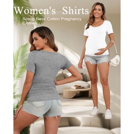 Huukeay 4 Pack Women's Maternity Shirts Scoop Neck Maternity Top Short Sleeve Casual Cotton Tee Side Ruched Pregnancy Clothes(Black, Light Gray, Dark Gray, White,X-Large)