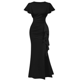 Memoriesea Women's Elegant High Split Ruched Bodycon Mermaid Evening Cocktail Maxi Dress Black