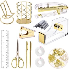 Gold Desk Accessories,Office Supplies Set,Acrylic Stapler,Tape Holder,Pen Holder,Phone Holder,Pen,Scissor,Staple Remover,Binder Clips,Ruler,ransparent Glue and Staples,Gifts for Colleagues Clerks