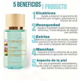 VITAÓLEO TERRAMAR, para rostro y cuerpo, dosminuye manchas por el sol, acne, disminuye las cicatrices, 150 ml