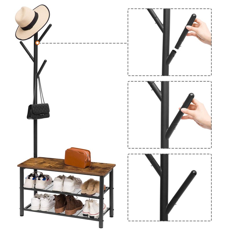 HOOBRO Coat Rack Shoe Bench, 3-Tier Shoe Rack, Industrial Shoe