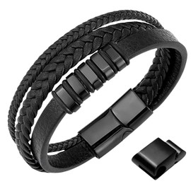 genac Mens Premium Genuine Leather and Stainless Steel Bracelet with Detachable Magnetic Clasp for Easy Adjustment of the Length of Jewelry, Perfect for a Great Gift Idea, Leather