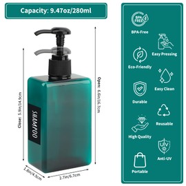 Segbeauty Plastic Pump Bottles, 280ml 4pcs Empty Lotion Bottles with Pump, Shampoo Dispenser Set with Labels, Countertop Plastic Soap Dispenser for Bathroom Kitchen Sink, Peacock Blue