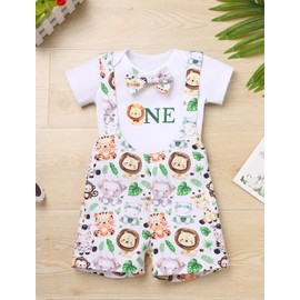 FYMNSI Baby Boys 1st Birthday Outfit Short Sleeve Romper Animal Printed Braces Shorts 2-Piece Set, White, 12 - 18 months