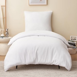 RUIKASI Bed Linen, 155 x 220 cm, 2 Pieces, White, Duvet Cover Set, White, with Pillowcase, Microfibre Bedding Set, with Zip, Soft and Non-Iron