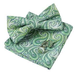 Alizeal Mens Pre-tied Gradient Paisley Bow Tie Set with Hanky Cufflinks Casual Floral Tie Set, Light Green
