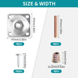 Granvoo 4 Sets Furniture Leg Mounting Plates, Furniture Leg Mounting Plates with Bolt Screws, M8 Furniture Leg Mounting Plates for Sofa Couch Seats Chair Table Furniture Legs (Silver)