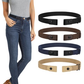 LEACOOLKEY 4 Pack No Buckle Invisible Stretch Belt Buckle-Free Elastic Belt for Women and Men,Black+Coffee+Blue+Yellow,Suit for waist size 34"-50"