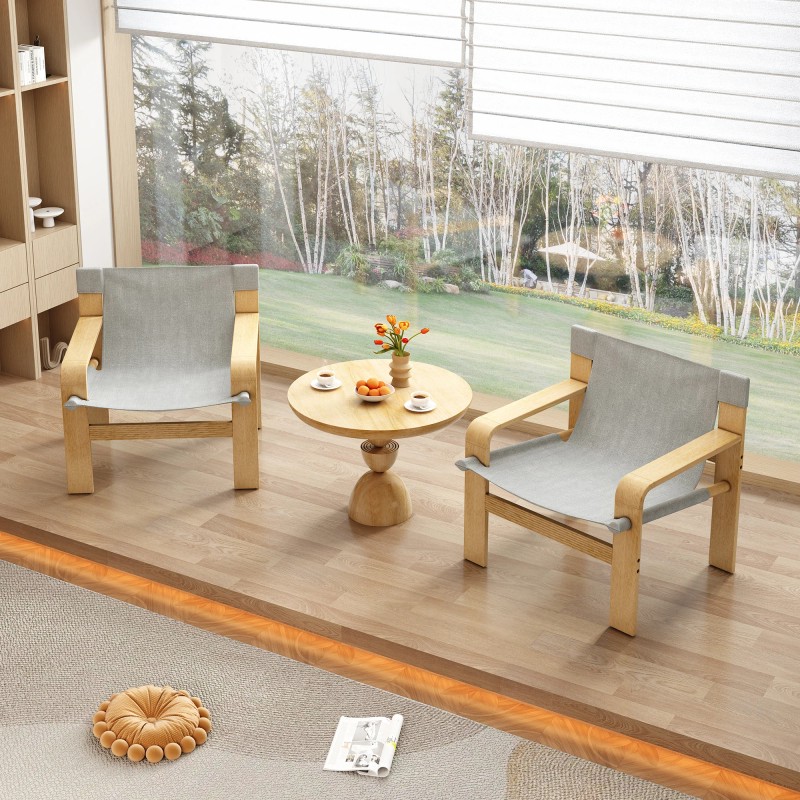 Detachable Washable Modern Oak Lounge Armchair with Wide Armrests Linen