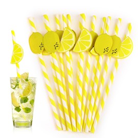 20 PCS Lemon Paper Straws, Yellow Paper Straw Lemonade Stand Supplies Disposable Lemon Yellow Decorative Straws ECO Drinking Straw for Cocktails, Lemonade, Daily Use and Holiday Party