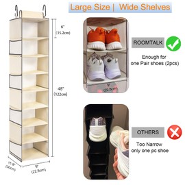 roomtalk Large-Sized Hanging Shoe Organizer 8-Shelf, Hanging Closet Organizer with 8 Side Pockets, Wider Hanging Shelves for Storage Shoes Clothes 9" W × 11.8" D× 48" H, Beige.