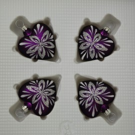 Lauschaer Glas Hearts Small Purple Matt with Flower Decoration Pack of 4 Christmas Tree Decorations Mouth-Blown Hand-Decorated Original